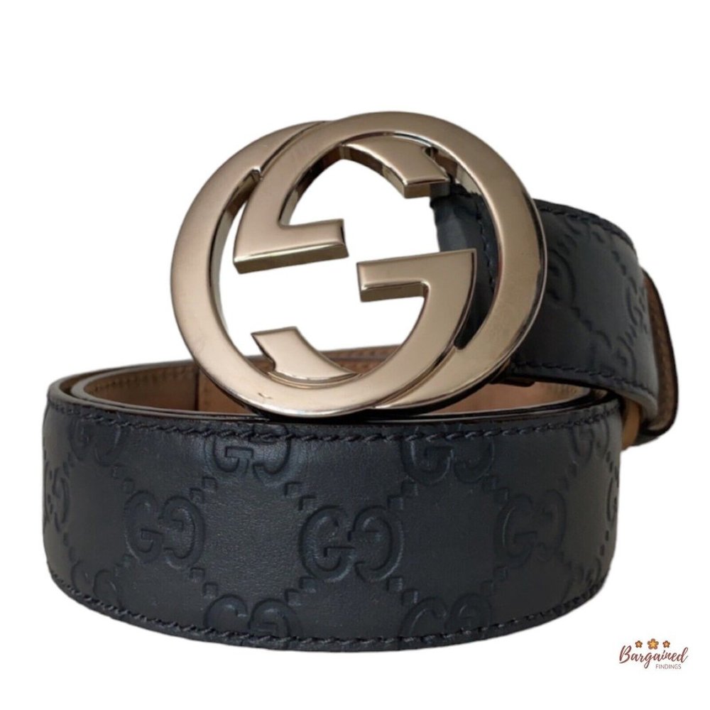 Authentic Gucci Gray Guccissima Leather Silver Interlocking G Buckle Belt 85/34